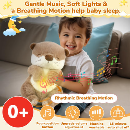 Breathing Stuffed Animal, Soothe Snuggle Otter Plush for Anxiety Adults and Kids, Volume Control, Machine Washable, Baby toy Sleep Buddy Soothing Otter with Realistic Breathing and Lights Music