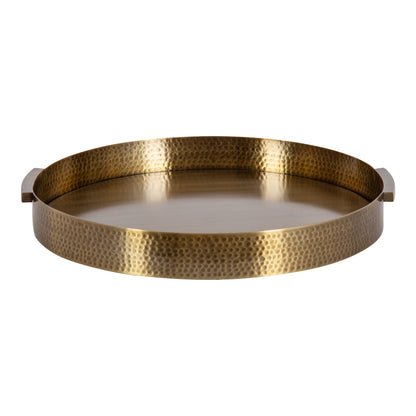 Kate and Laurel Samana Modern Glam Round Metal Tray; 17 Inch Diameter; Antique Brass; Circular Polished Decorative Tray with Hammered Surface and Minimalist Handles