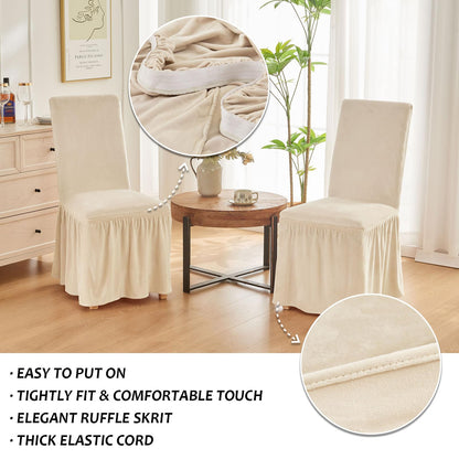 NICEEC Spandex Chair Covers for Dining Chairs Covers Set of 2 Removable Dining Room Chair Covers with Skirt Parson Chair Slipcovers Washable Chair Protector for Kitchen Wedding Party Banquet(Beige)
