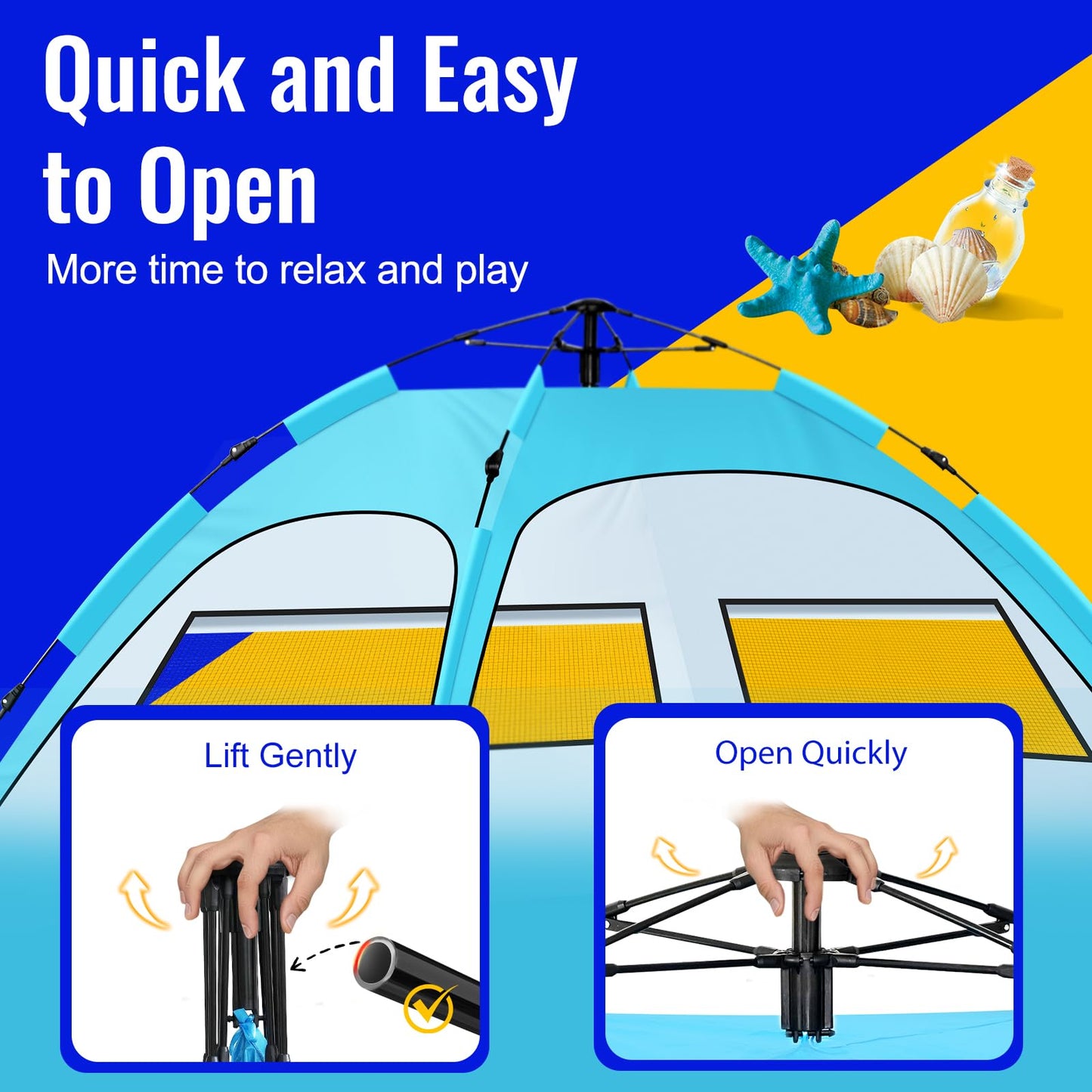 Beach Tent Sun Shelter – Pop Up Easy Setup in 3S Instant Tents for 4/5 Person Beach Umbrella Sun Shelter Shade, UV 50+ Protection, Wind Resistant, Lightweight Portable Baby Tents Shade for Family
