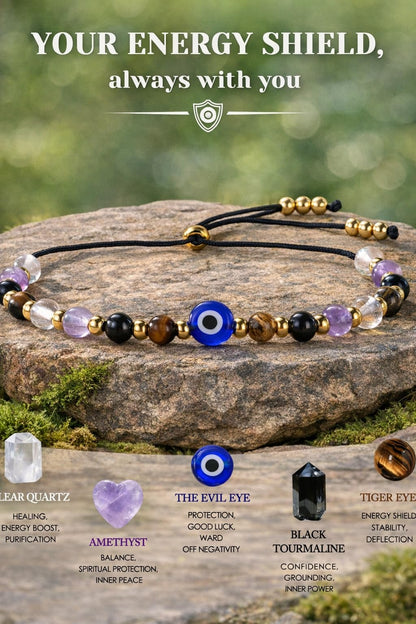 TUQBA Evil Eye Bracelet Healing Stones for Women Baptism Birthday Jewelry Clear Quartz, Amethyst, Tourmaline, Tiger Eye for Friend, Sister, Mom, Christmas Gift, Mothers Days Gifts