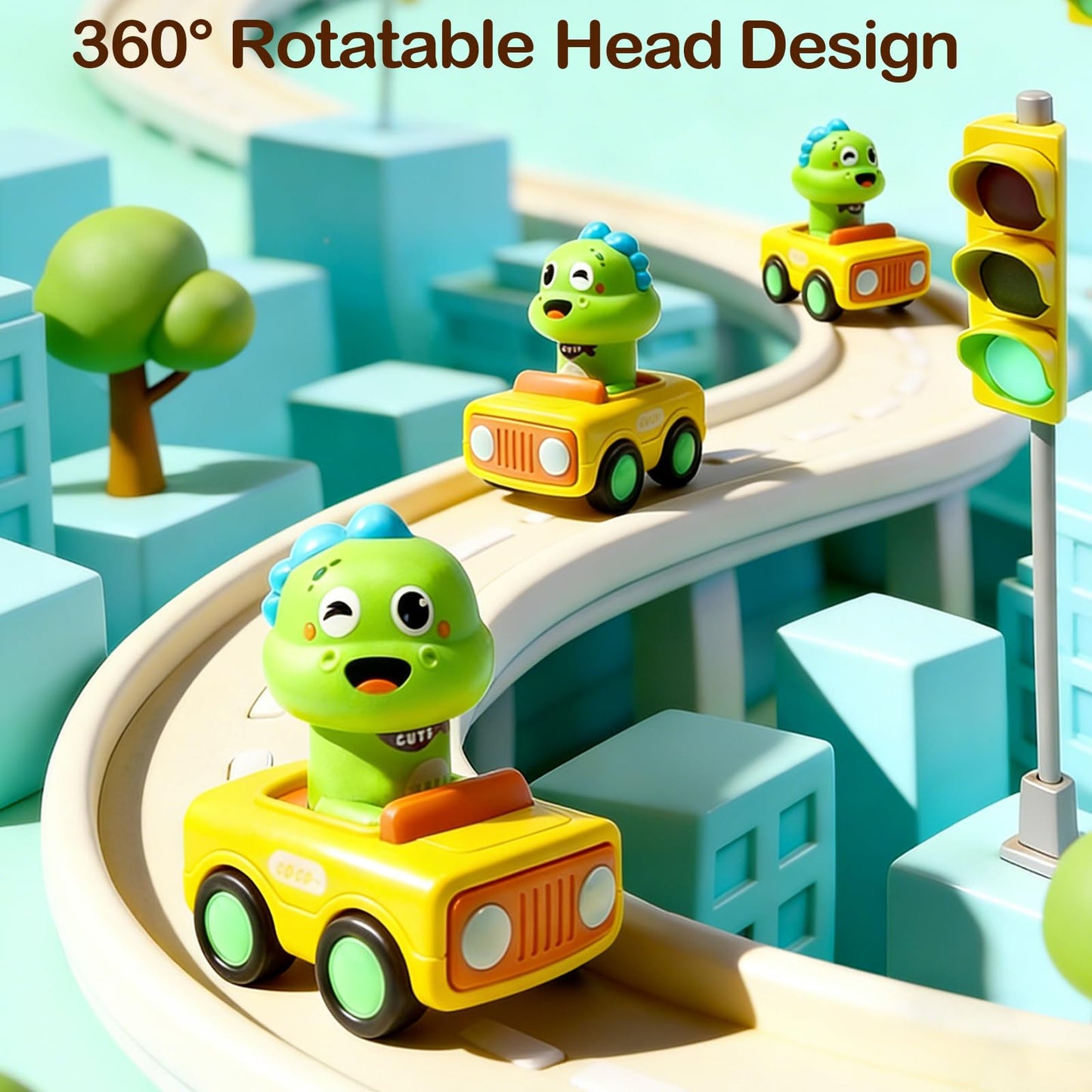 Pbooo Press to Go Car, Dinoaur Car Toys for Toddlers 1-3, Kids' Play Vehicles and Race Cars, Push Go Cars for 6-12-18 Month, Ideal Christmas and Birthday Gift for 1-2 Year Old Kids