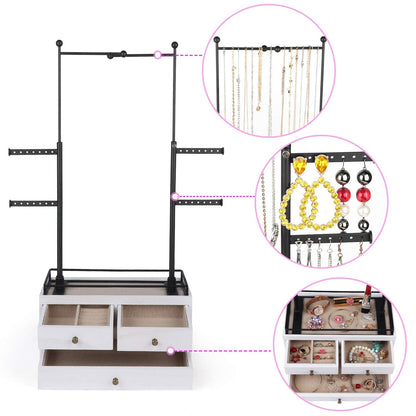 OLAKEE Jewelry Organizer - 2 Layer Wooden Jewelry Drawer Storage Box with 6 Tier Jewelry Tree Stand, Jewelry Display for Necklaces Bracelet Earring Ring (Rustic White)