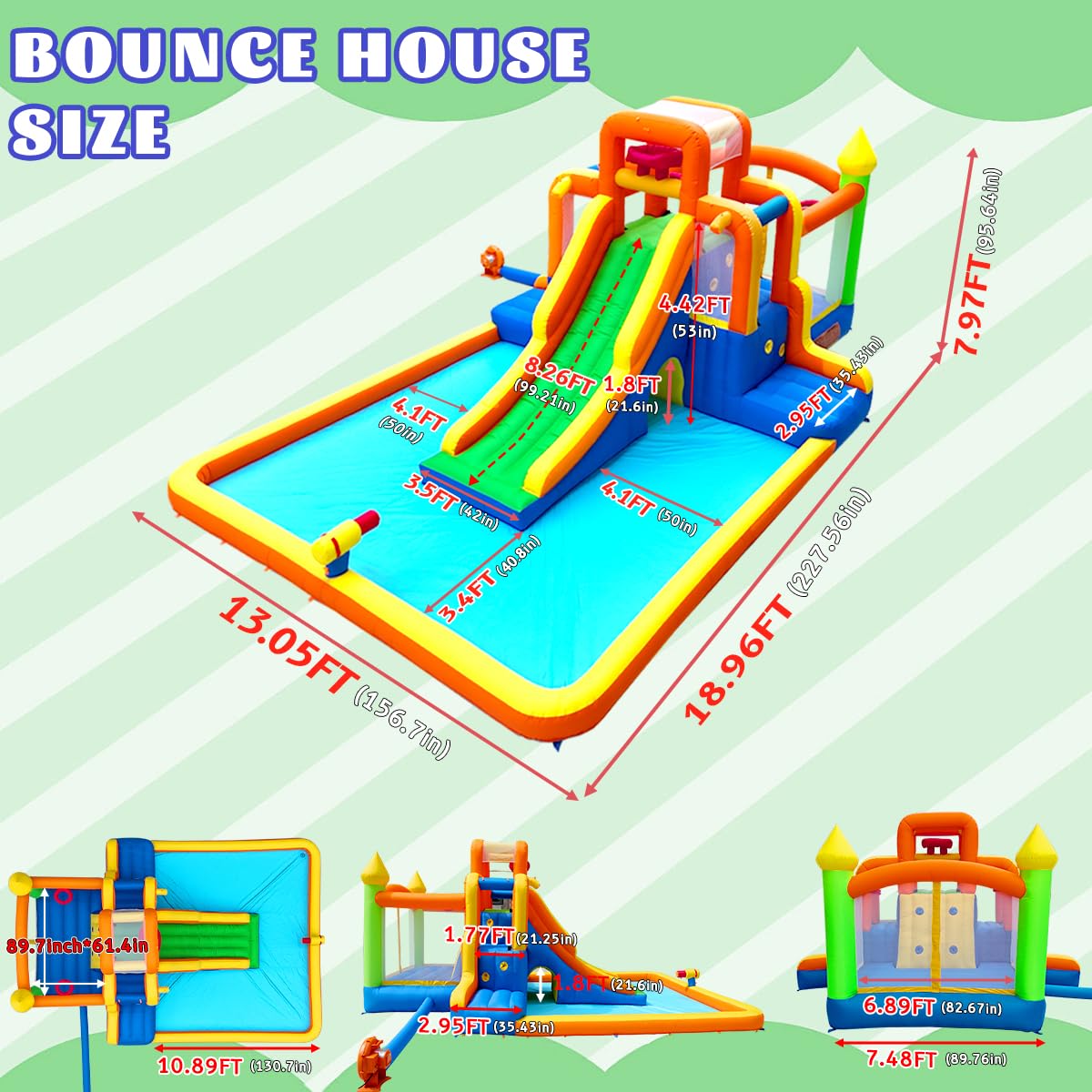 Umbalir 19x13FT Water Slide with 3 Climbing Walls, Jumbo Pool, Water Park with 2 Stair-Steps & Back Rock Wall, 2 Overhead Sprinklers & Water Cannon, 99" Long Slide, Multi-Kid Racing Bounce House