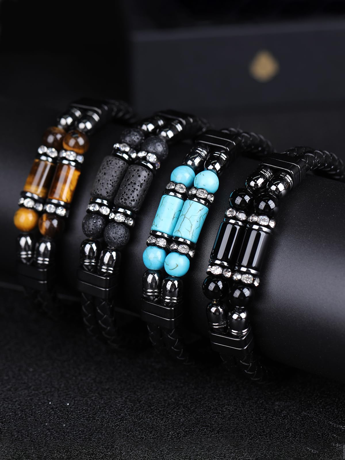 Mrcaois Mens Leather Turquoise Stone Bracelet–8.5" Braided Multi‑Layer Stainless Steel Clasp Leather Bracelets Jewelry Box and Pouch Packing