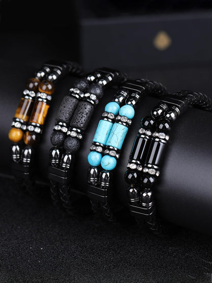 Mrcaois Mens Leather Turquoise Stone Bracelet–8.5" Braided Multi‑Layer Stainless Steel Clasp Leather Bracelets Jewelry Box and Pouch Packing