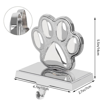Fowecelt Dog Paw Christmas Stocking Holder, 3D Silver Metal Mantel Stocking Hanger for Mantel Shelf Stand Table Christmas Decor