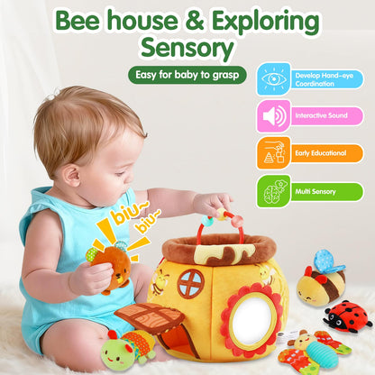 Thremhoo Baby Toys 6-12 Months - Soft Beehive with 5 Stuffed Animals, Rattle, Crinkle, Mirror, Montessori Sensory Toys for Babies 6 7 8 9 10 Months Old Baby Boy Girl Shower Gifts Ages 0-2