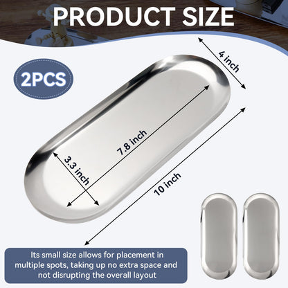 2PACK Silver Decorative Tray,Oval Stainless Steel Trays, Decorative Tray for Jewelry Dish Cosmetics Organizer Bathroom Clutter Serving Platter (Silver, 10 in)