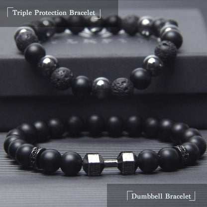 GDLKPYHS Black Obsidian Bracelets for Men- Dumbbell Bracelet - Tourmaline Beaded Bracelets, 8MM Black Onyx Hematite Lava Stone Beads Triple Protection Bracelet for Men Women Gifts