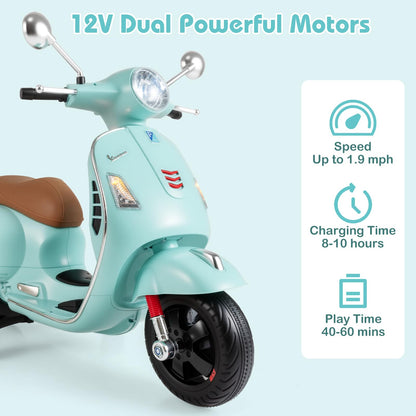 Licensed Vespa Scooter Kids Motorcycle by OLAKIDS, 12V Ride on Electric Motorcycle with Training Wheels LED Lights Music Story Mode Horn (Green)