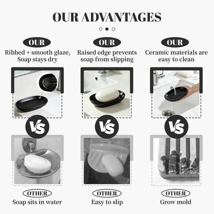 Cbrytacs Ceramic Soap Dish,with Raised Center to Keep Soap Dry - A Quick-Drying Soap Tray for Bathroom, Shower & Kitchen Sink, Decorative Organizer for Jewelry, Sponges, Keys (Black)