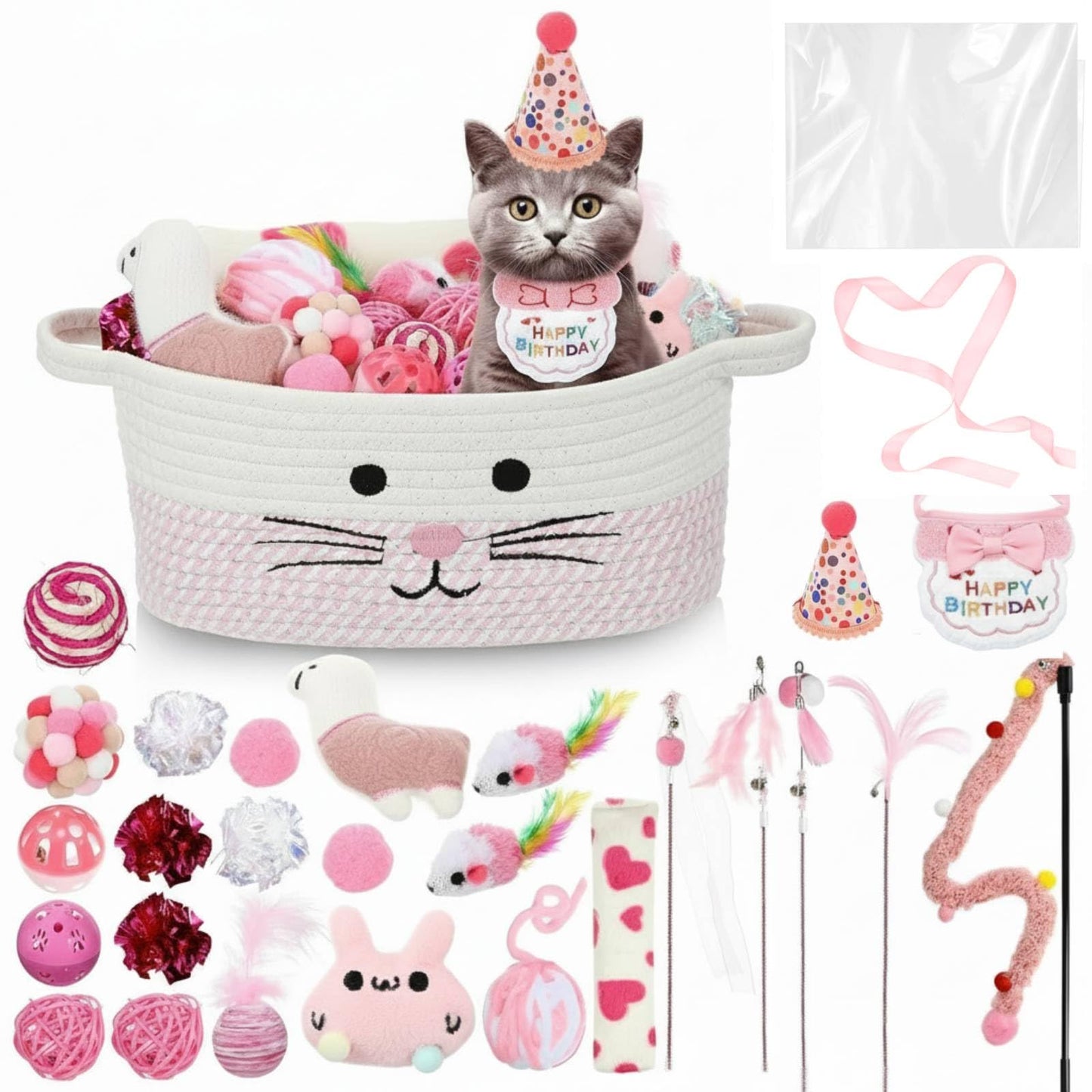 Zopeal Mother’s Day Cat Toy Set Interactive Cat Toys Pack Including Feather Teaser Wand Plush Gift Outfit Mice Crinkle Balls and Pet Bell Balls, Puzzle for Indoor Cats Gift Basket for Kitten(Pink)