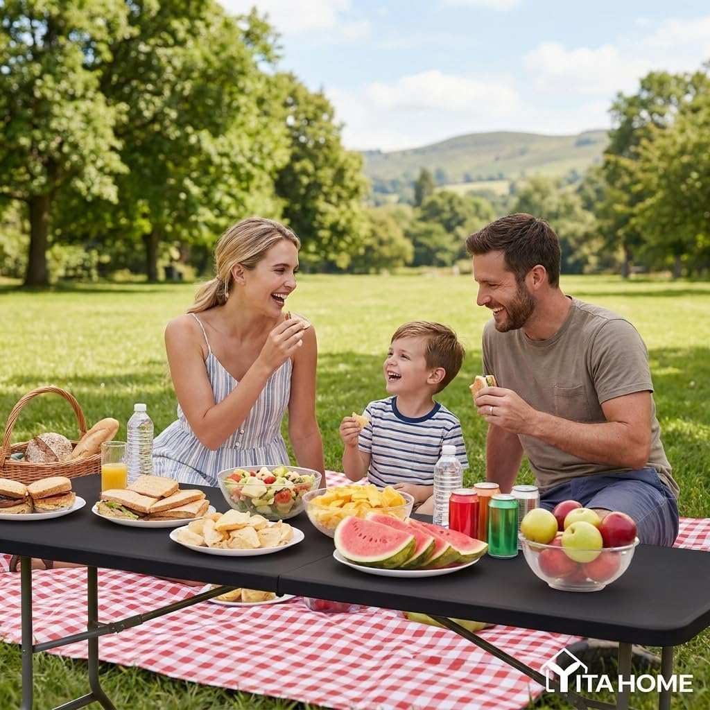 YITAHOME 6ft Folding Table w/1.38" Thick Tabletop Heavy Duty, Portable Outdoor Folding Table w/Carrying Handle for Camping Picnic Parties/Indoor Events, Black