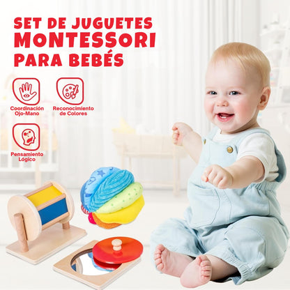Montessori Baby Toys Play Kit - Mirror, Peekaboo, Knob Puzzle, Spinning Drum, Rainbow Ball - 6-12 Months Toddlers
