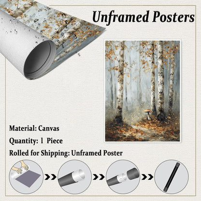 Birch Tree Forest Wall Art – Autumn Canvas Print with Mushroom and Misty Woodland Trail, Rustic Fall Nature Poster for Bedroom or Seasonal Wall Decor 12x16in Unframed