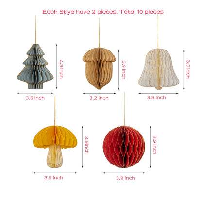 10 PCS Christmas Hanging Ornaments 3D Honeycomb Paper for Christmas, Party Decorations - Includes Mini Trees, Mushrooms, Acorns, Bells, Balls - Perfect All Season Creative DIY Items