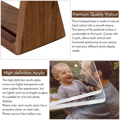 Mixoo 4x6 Picture Frame 2 Pack - Rustic Wooden Picture Frames with Walnut Wood Base and High Definition Break Free Acrylic Photo Covers for Tabletop or Desktop Display (Horizontal + Vertical)