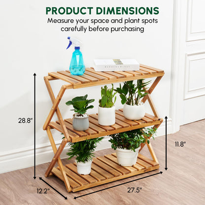 BEEFURNI Acacia Plant Stand Indoor, Wooden Outdoor Plant Stand, Foldable Plant Stand, 3 Tier Conner Space Flower Stand, Plant Ladder Stand (Natural)