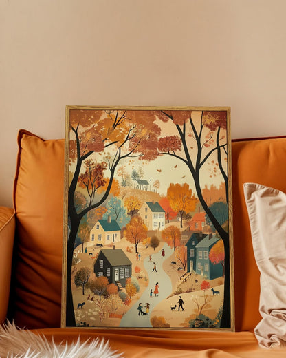 WHASAYART Autumn Cozy Village Landscape Scene 12x16 Framed Canvas Print, Rustic Fall Country Trees Wall Art with Warm Colors, Thanksgiving House Office Entryway Seasonal Decor