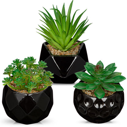 Briful Artificial Succulents Plants in Ceramic Pots, 3 Pack Faux Succulent Set with Black Geometric Planters – Modern Desk Decor for Home Office Shelf Bathroom, Small Fake Plants Potted