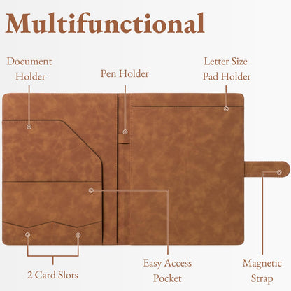 Mymazn Padfolio Portfolio Binder, Faux Leather Interview Resume Folder with Document Organizer & Business Card Holder, Letter-Sized Notepad Legal Pad Holder for Women Men (Brown)