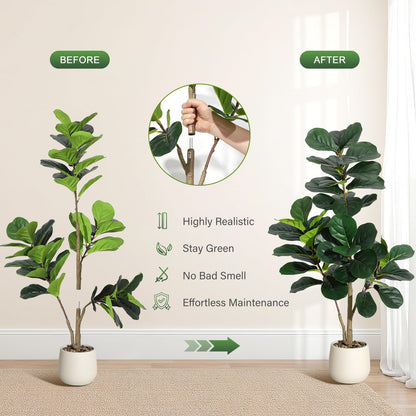 4 ft Fiddle Leaf Fig Tree Artificial with 48 Leaves - Realistic Faux Ficus Lyrata Trees in 7.8 in White Planter Pot, Indoor Fake Floor Plants for Home Office Living Room Decor, Housewarming Gift