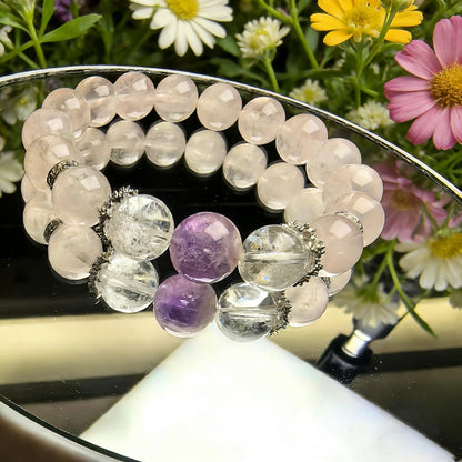 Natural crystal bracelet featuring 13mm beads and decorative charms, handcrafted and one-of-a-kind. This versatile, high-end stretchy bead bracelet for women is perfect for personal wear or as a gift. (Pink, Medium)