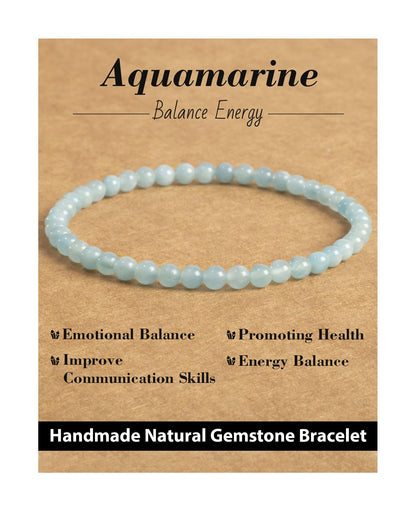 Landorilo Beaded Bracelet for Men Women, 4mm Natural Stone Aquamarine Healing Crystal Stretch Bracelets, Ideal Christmas Birthday Jewelry Gifts with Energy Card，Replacement Beads Included