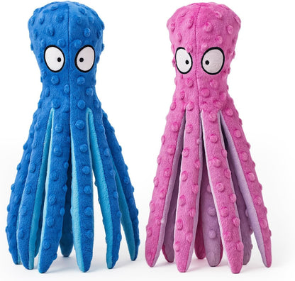 AdoPet Squeaky Octopus Dog Toy – No Stuffing, Crinkle Sound Plush Chew Toy for Small and Medium Dogs – Durable and Machine Washable – 2 Pack (Blue & Pink)