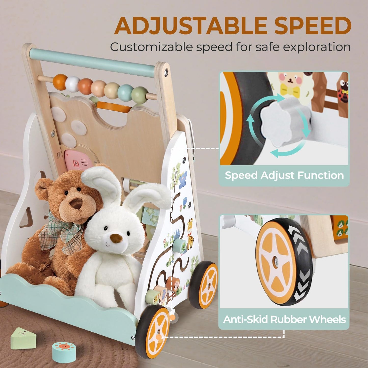 Baby Push Walker, Wooden Baby Walker with Wheels, Montessori Activity Center for 1 2 3 Years Old Boys Girls, Adjustable Speed & Height Push Toy for Toddler Learning to Walk, Kids Development Gift