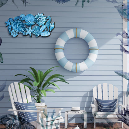 Qunclay Summer Ocean Themed Wall Decorations Sea Horse Shell Coastal Wood Sea Turtle Starfish Ocean Voyage Wall Hanging Decor for Home Pool Living Room Bedroom Outdoor Art, 15.8 Inch