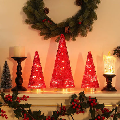 PHITRIC Christmas Decorations Indoor, 3 PCS Sparkling Glass Red Christmas Tree Table Centerpieces Decor with LED Lights and Timer, Xmas Tree Decorations for Home, Mantel, Shelf, Office, Tabletop