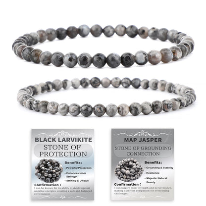 NCB 2-Piece 4mm Natural Crystal Gemstone Stretch Bracelets – ﻿Black Larvikite, Map Jasper Handmade Reiki Energy Healing Jewelry for Meditation,Yoga, Unisex