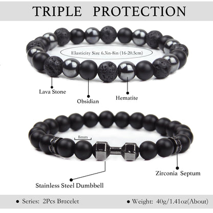 GDLKPYHS Black Obsidian Bracelets for Men- Dumbbell Bracelet - Tourmaline Beaded Bracelets, 8MM Black Onyx Hematite Lava Stone Beads Triple Protection Bracelet for Men Women Gifts