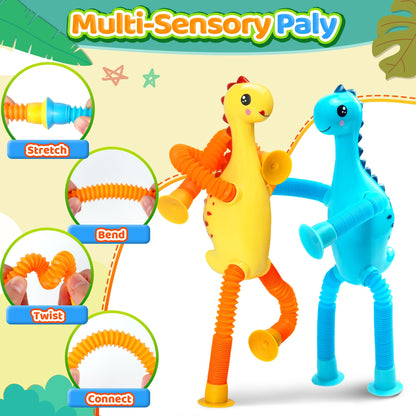 4Pcs Dinosaur Airplane Travel Toys Easter Basket Gifts for Toddlers Kids Boys Girls Sensory Suction Cup Tube ADHD Autism Road Trip Car Activities Essential Stocking Stuffer Valentines Day