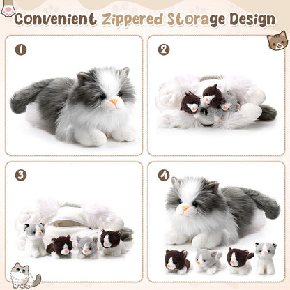 HyDren 5 Pcs Realistic Ragdoll Cat Stuffed Animal, 17.75 Inches Large Ragdoll Cat Mommy Plush with 4 Cute Babies Soft Plush Kittens Set for Girls Boys Birthday Party Favors(Grey)