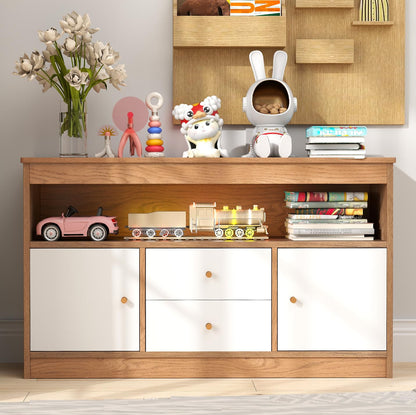 Costzon Toy Storage Organizer, Wooden Kids Toy Cabinet w/ 2 Drawers, 2 Cabinets & Open Shelf, Toy Organizers and Storage for Playroom, Bedroom, Nursery (Natural)