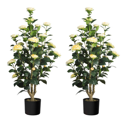 Romantic Season 2Pack Artificial Camellia Tree, 3FT Yellow Faux Camellia Plant for Modern Home, Office & Living Room Floor Decor