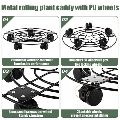 3 Packs 13.5" Large Metal Plant Caddy with Wheels Iron Metal Rolling Plant Stands Heavy-duty Plant Roller Base Pot Movers Indoor Outdoor Plant Dolly with 5 Casters Plant Trolley Coaster Holder