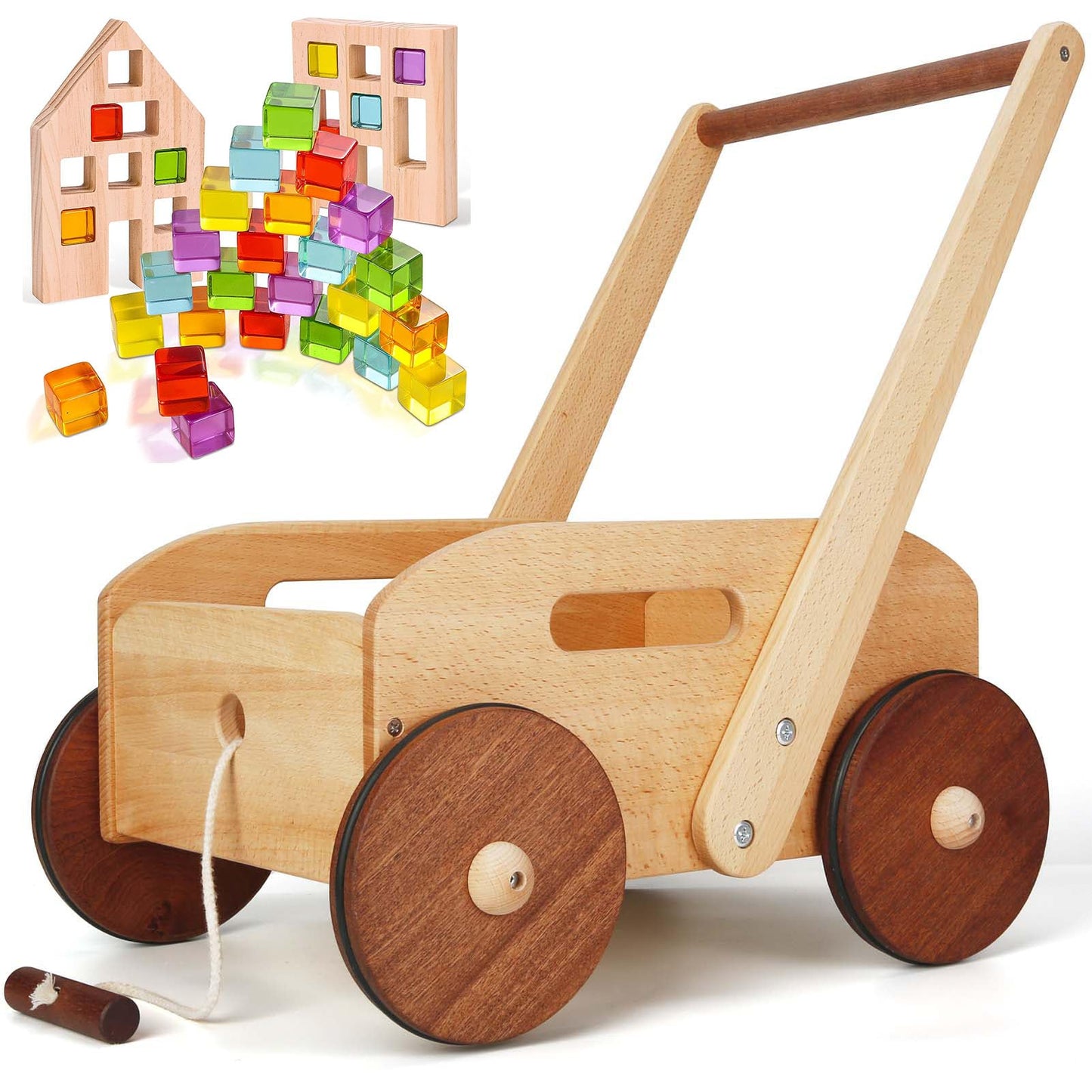 Woodtoe Wooden Baby Walker for Toddlers, Adjustable Speed Push Toys for Babies Learning to Walk, with Wooden Building Blocks Set for Kids, 24 PCS Rainbow Gem Cubes Stacking Blocks