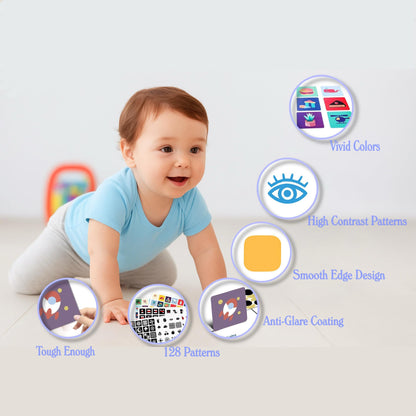Baby Visual Stimulus Cards, Black White Red Pattern, High Contrast Flash Cards, 128 Designs, Anti-Glare Coating, 0-36 Months Development, Smooth Edge Design