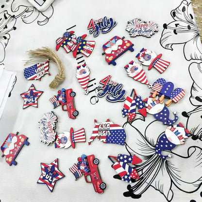 12pcs 4th of July Ornaments for Tree with Ropes Patriotic USA Flag Hanging Decorations Independence Day Wooden Hanging Decor Red White Blue Patriotic Christmas Tree for Summer Party Home Supplies