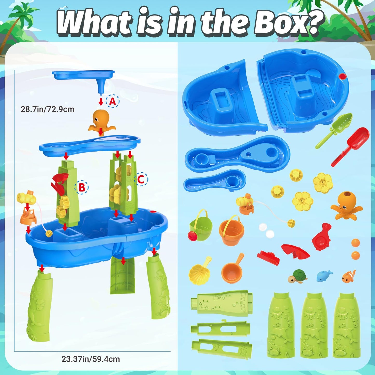 FRUSE Kids Water Table for Toddlers 3-5,3-Tier Splashing Sand Water Table Toys with Accessories,Activity Sensory Play Table for Backyard Beach Grass,Summer Outdoor Toy for Boys Girls Age 3 4 5 6 7 8