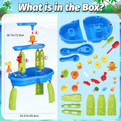 FRUSE Kids Water Table for Toddlers 3-5,3-Tier Splashing Sand Water Table Toys with Accessories,Activity Sensory Play Table for Backyard Beach Grass,Summer Outdoor Toy for Boys Girls Age 3 4 5 6 7 8