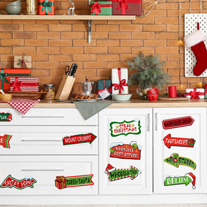 Mfault Christmas Whoville Wall Decals Stickers, Funny Xmas Red Green Road Signs Decorations Bedroom Art, Winter Holiday Gifts Home Kitchen Living Room Decor