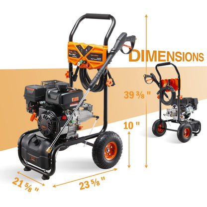 MUTAOMAY 3500PSI Gas Pressure Washer, 2.3GPM Gas Powered High Pressure Washer with 209CC Engine, 4 Adjustable Nozzles, 25 ft High Pressure Hose for Cleaning Walls, Terraces, Vehicles, Gardens (Orange)