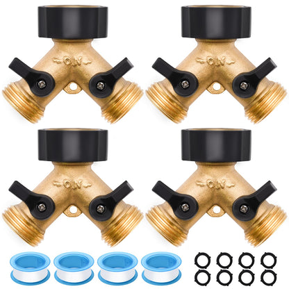 4 Pack Hose Splitter, 2 Way Heavy Duty Brass Garden Hose Splitter, for 3/4" Hose Connector, Brass Garden Hose Manifold with Rubber Washers & Tapes