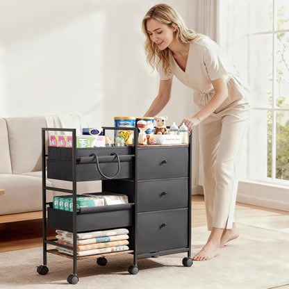 2-in-1 Baby Diaper Caddy Organizer and Storage-3 Tier Rolling Baby Cart with Dividers and Drawers, Baby Essentials for Nursery Storage, Mobile Utility Cart with Wheels Large Capacity Easy To Assemble