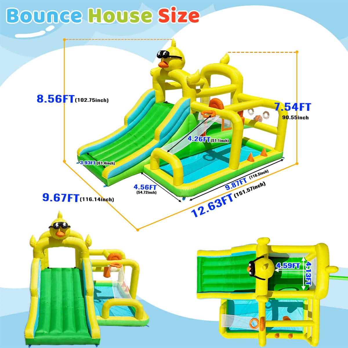 Baralir Duck-Themed Inflatable Bounce House with Extra Wide Slide & Climbing Wall, Basketball Hoop, Ring Toss, Punching Bag, 2-in-1 Splash Pool/Ball Pit - Indoor/Outdoor Jumping Castle for Toddlers